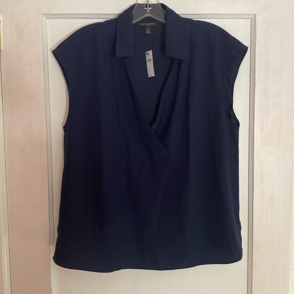 Collared Bib Top.  cap sleeves crossover placket at neck. Preppy Navy